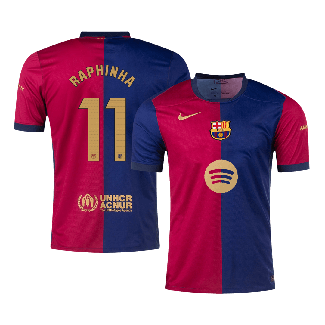 RAPHINHA #11 Barcelona Home Soccer Jersey 2024/25 - Spotify Logo Without Text